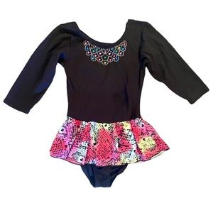 Jacques Moret Black Animal Print Heart Skirt Dance Leotard